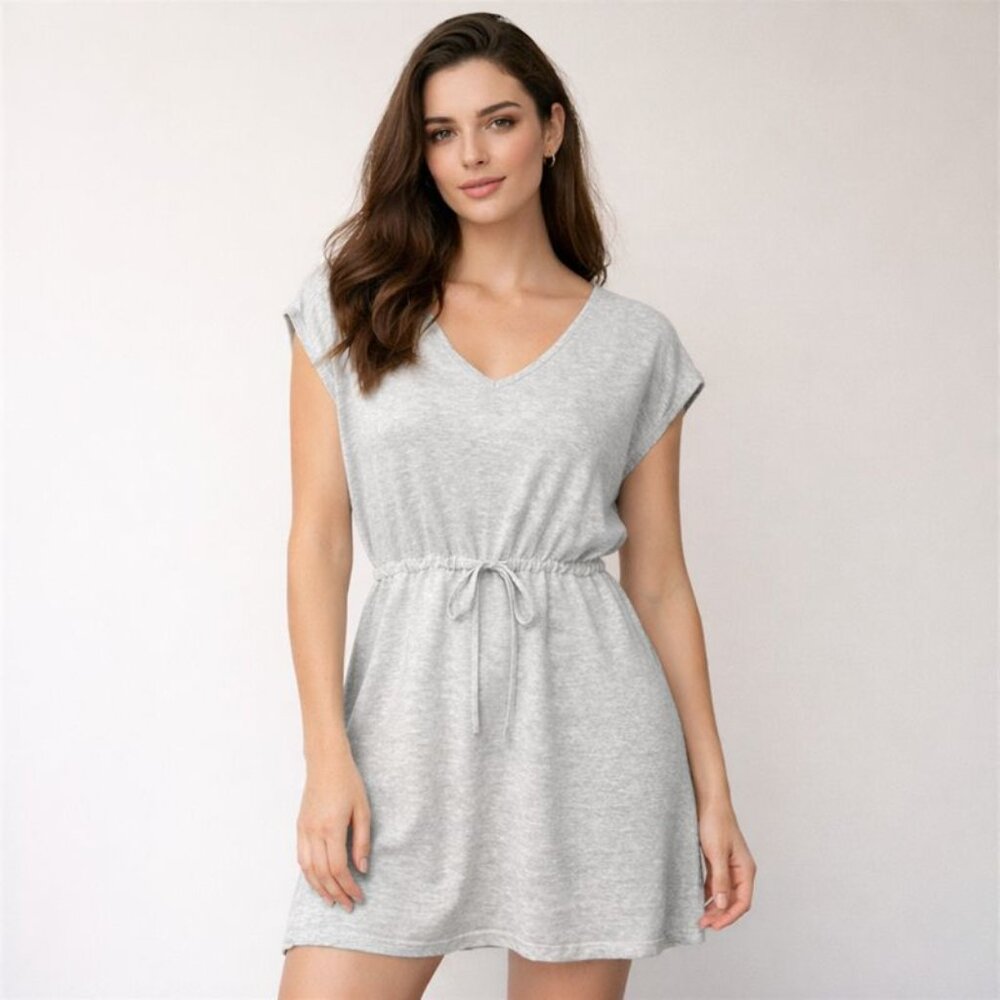 New Eileen‎ Fisher M Gray Organic Cotton Knit V Neck Tunic Mini Dress Resort